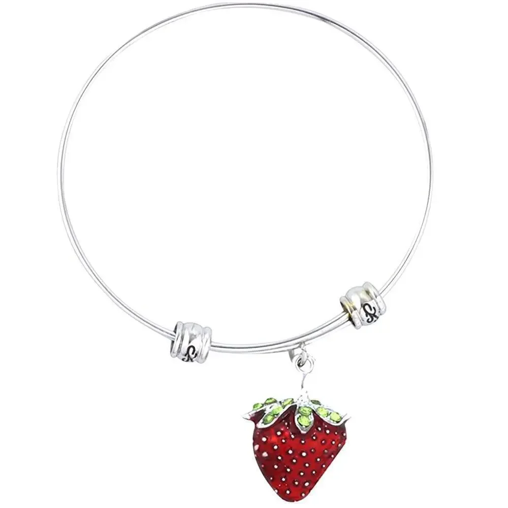 Red Strawberry with Green Leaf and Stem Fancy Charm Bangle